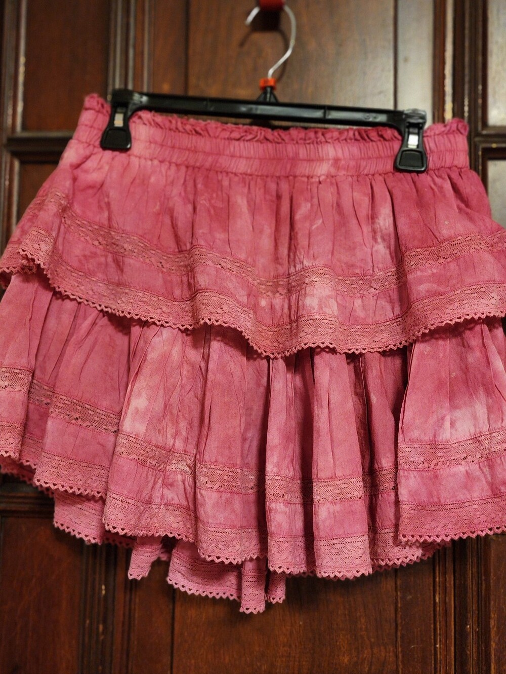 LoveShackFancy Begonia Pink Hand Dyed Ruffle Lace Hem Mini Skirt-Large-$225.00 - Picture 7 of 16